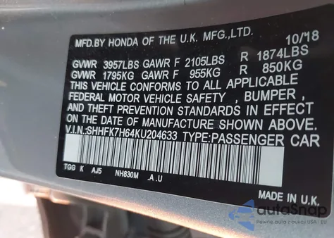 2019 Honda Civic Ex from USA, damaged, VIN SHHFK7H64KU204633